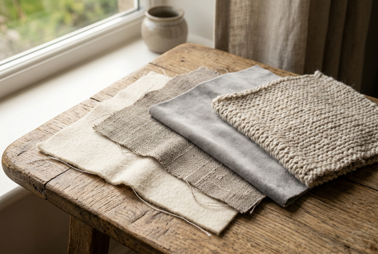 Soft neutral cushion fabrics showing different textures for a calm living room.