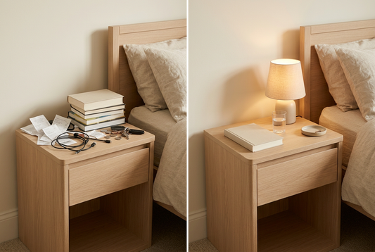 Before-and-after comparison of a cluttered nightstand and a peaceful organized bedside area.