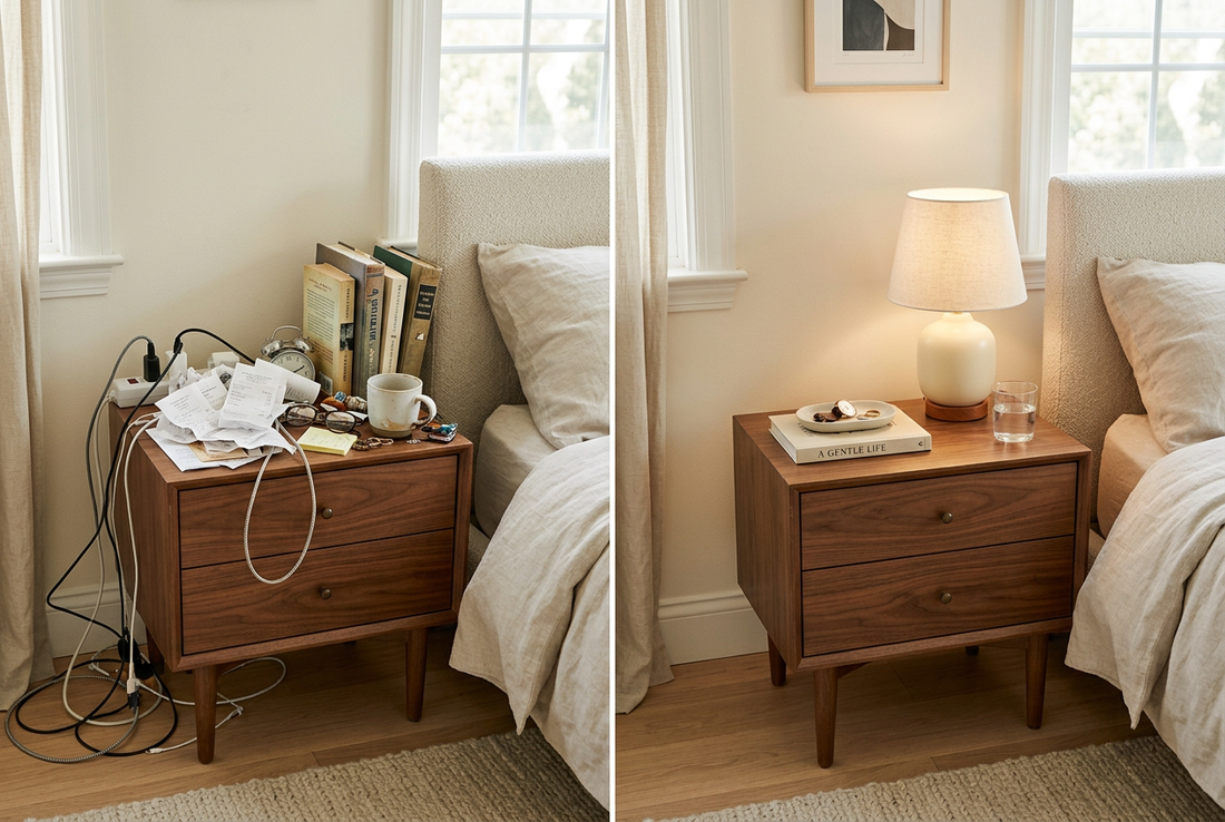 Before-and-after comparison of a cluttered nightstand and an organized peaceful bedside area.