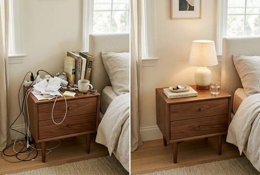 Before-and-after comparison of a cluttered nightstand and an organized peaceful bedside area.