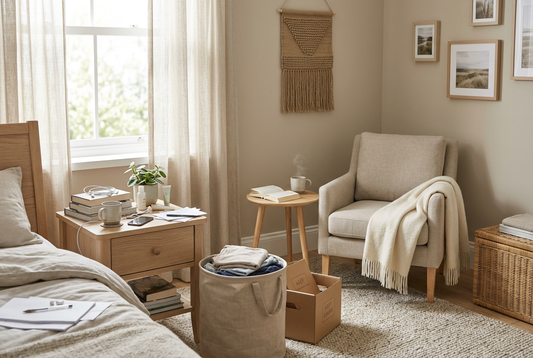 Bedroom relaxation corner being simplified by removing unnecessary objects from visible surfaces.