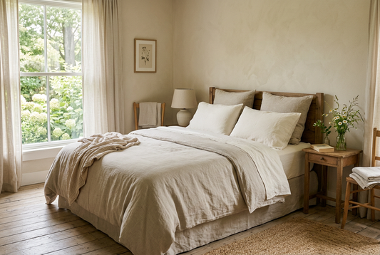 Calm bedroom with neutral pillow covers and lightweight bedding for warmer nights.