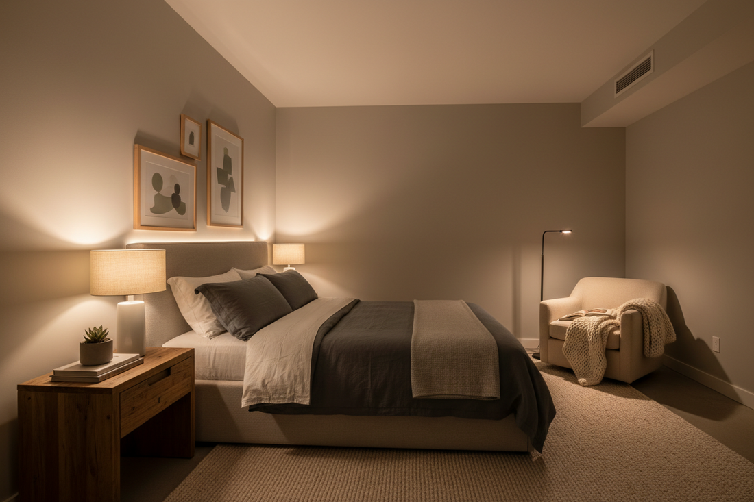 Finished bedroom using layered lighting for a calm evening atmosphere