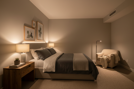 Finished bedroom using layered lighting for a calm evening atmosphere