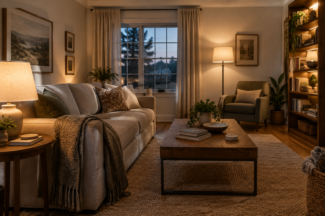 Evening living room lit by a warm table lamp, floor lamp, and indirect shelf lighting
