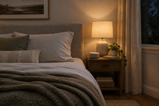 Tidy bedroom nightstand with a small sound machine and warm lamp