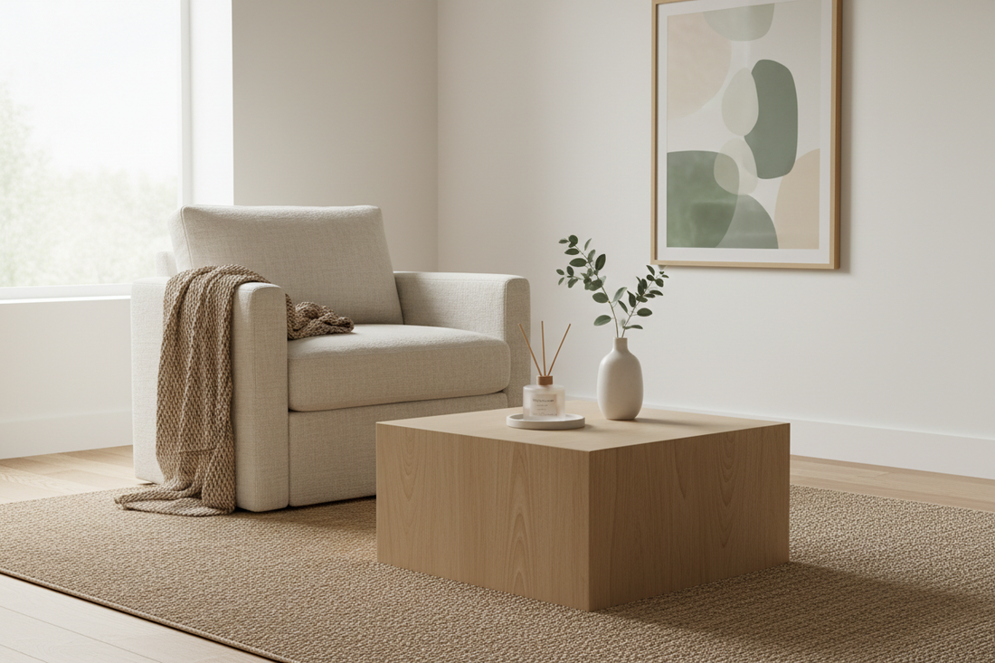 Calm, fresh living room with natural light, soft textiles, and an understated reed diffuser