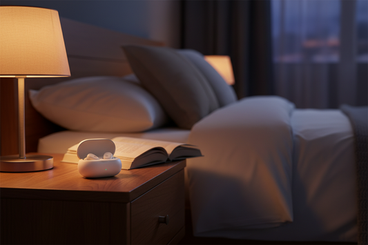 Compact sleep earbuds beside a bed for personal nighttime sound masking