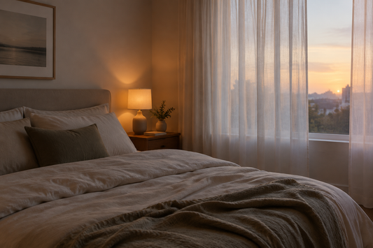 Gentle morning bedroom with soft dawn light and warm bedside lamp