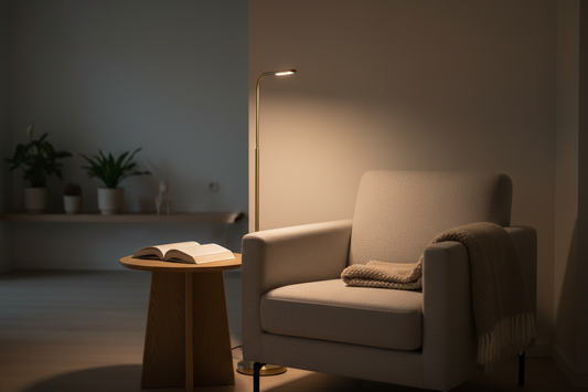 Small cozy reading nook at night with slim floor lamp, armchair, soft throw, and minimal side table