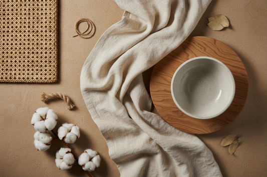 Flat lay of natural home materials — linen, rattan, wood grain, and ceramic bowl on a warm neutral surface