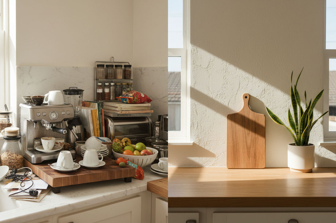 Calm minimal kitchen counter with only a cutting board and small plant — visual calm versus visual clutter