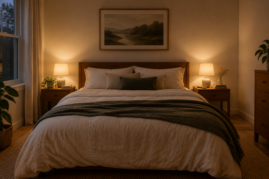 Warm bedside lighting creating a calm bedroom atmosphere