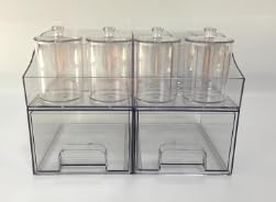 Vtopmart 7 PCS Bathroom Countertop Organizer, 1 Divided Tray with 4 Qtip Holder Jars and 2 Drawers, Restroom Clear Organizers for Toothbrush, Cotton Pads, Vanity Accessories Storage Set