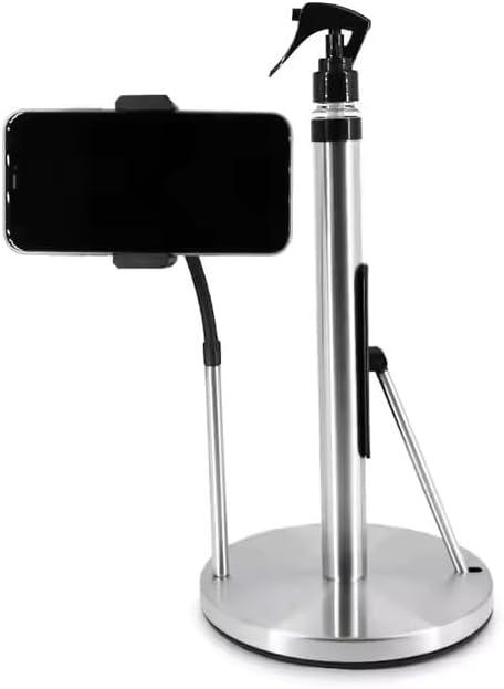 Kitchen Paper Towel Holder with Refillable Spray Bottle & Adjustable Phone Mount – 3-in-1 Countertop Stand for Cleaning and Cooking