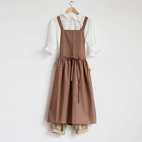 VLZUFE Women Cotton Linen Cross Back Apron with Pockets for Gardening Works Pinafore Dress