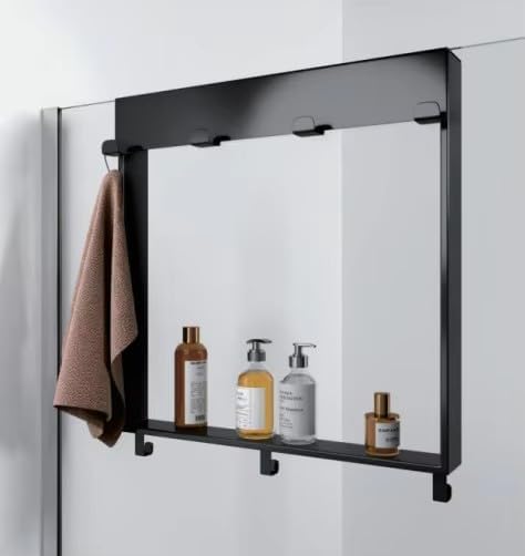 Over the Door Shower Caddy for Glass Door – 20"x16" Stainless Steel Hanging Shelf with Hooks, No-Drilling Frameless Shower Organizer, Rust-Proof Bathroom Storage for Towels & Toiletries