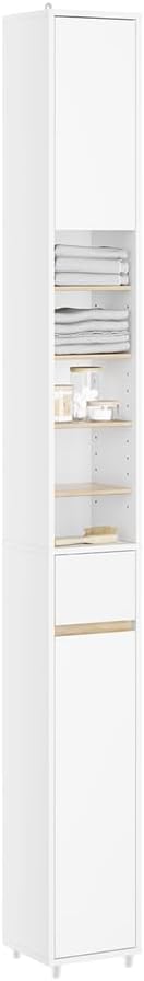 SoBuy Bathroom Narrow Storage Cabinet Skinny Tall Unit with Adjustable Shelves Slender Anti-Tipping Floor Standing Cupboard, White & Natural BZR34-WN