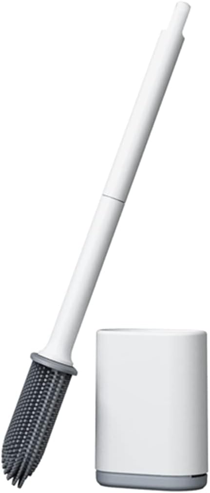 Flexible Silicone Toilet Brush with Holder Set, Non-Scratch Bristles, Slip-Resistant Extended Plastic Handle, Rapid Drying Wall-Mounted Storage, Efficient Toilet Cleaner (White)