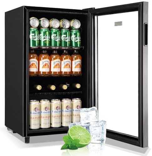 WANAI Mini Fridge Glass Door 120 Cans Beverage Refrigerator Small Wine Cooler Clear Front Drinks Fridge for Soda Beer Bar Home Office with 7 Thermostat LED Lights