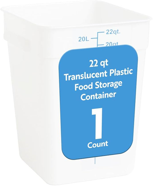 Restaurantware Food Storage Container 1 Pack of 22 qt Plastic Kitchen Storage Bin with Volume Markers Space-Efficient Design Dishwasher-Safe Polypropylene Translucent