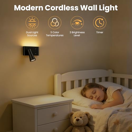 Wall Sconce Battery Operated Reading Lights, 10000mAh Rechargeable Wireless LED Wall Lights, 3 Color Temperatures Dimmable Bedside Lamps for Bedroom Living Room, 1 Pack - Image 3