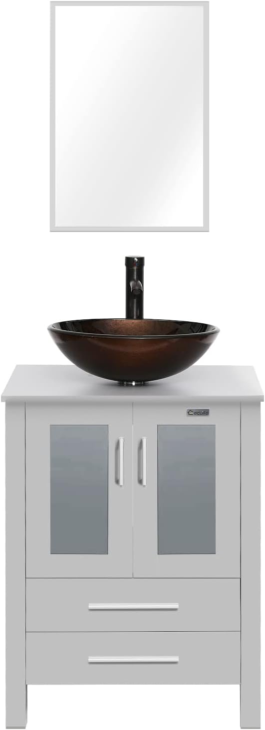 eclife 24" Modern Bathroom Vanity Sink Combo Freestanding Cabinet with Soft Closing Door, Brown Round Glass Vessel Sink, Water Save Faucet, Drain (Gray+A09)