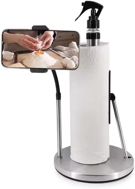 Kitchen Paper Towel Holder with Refillable Spray Bottle & Adjustable Phone Mount – 3-in-1 Countertop Stand for Cleaning and Cooking