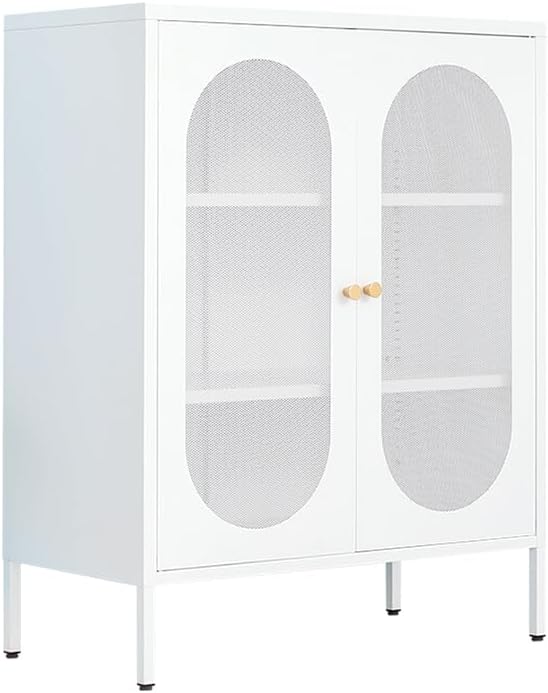 White Metal Locker Storage Accent Cabinets with 2 Adjustable Shelves, 3 Tier Metal Storage Cabinet with Legs, Steel Cupboard Lockers for Kids Bedroom, Home, Office, Entryway, Kitchen (Mash Door)