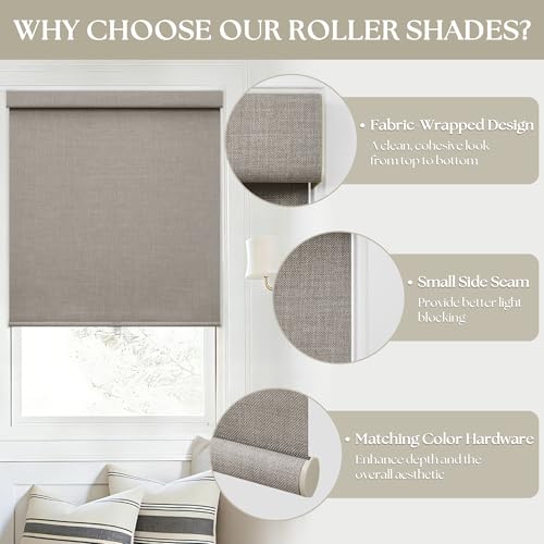 Black Out Shades Cordless Blinds for Bedroom Windows Free-Stop Thermal Insulated 100% Blackout Linen Roller Shades Blinds for Bedroom Living Dining Room, Greyish Beige Burlywood Bi