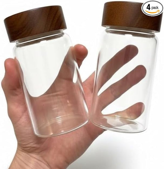 Wide Mouth Glass Storage Jars With 2.5" Acacia Wood Lids - 4 Pack of 9.5 Oz Food Storage Containers - Borosilicate Glass Canisters Sets For Kitchen - Pantry Organizers and Storage for Rice Coffee