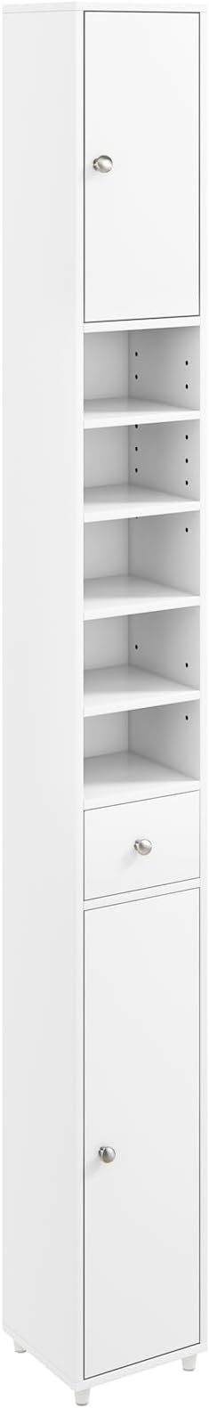 GOFLAME 71” Tall Bathroom Storage Cabinet, Narrow Freestanding Organizer with 1 Drawer, 2 Doors & 5 Open Shelves, Slim Bathroom Cabinet for Small Space, 8" x 8" x 71", White