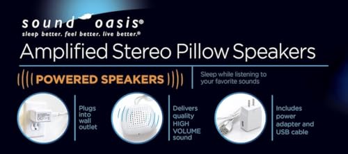 Sound Oasis Amplified Pillow Speakers - 2 Ultra-Thin Under Pillow Hi-Fi Stereo Speakers with Volume Control, Private Sleep Audio for Music, White Noise, Relaxation & Tinnitus Maski