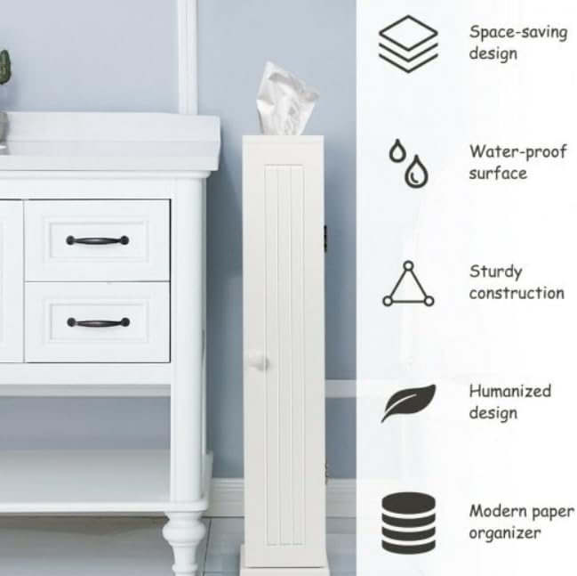 Free Standing Toilet Paper Storage Cabinet with Shelves, Slim Bathroom Floor Cabinet, White MDF Organizer for Small Spaces
