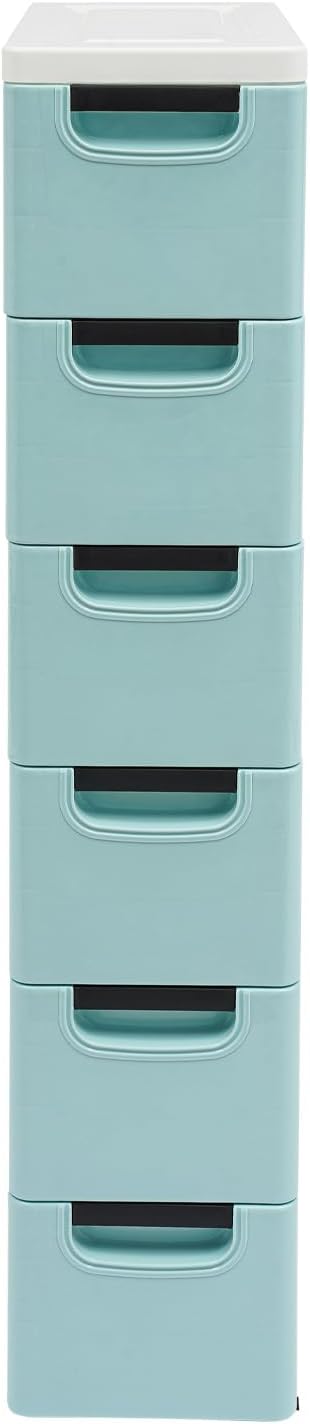 6 Drawers Plastic Storage Cabinet, Mobile Slim Utility Cart on Wheels, for Narrow Space Office Classroom Bedroom Bathroom (Blue)