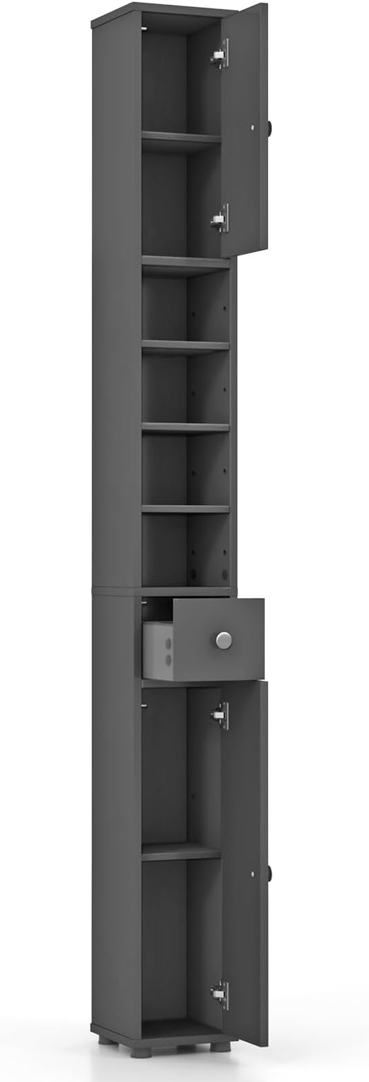 GOFLAME 71” Tall Bathroom Storage Cabinet, Narrow Freestanding Organizer with 1 Drawer, 2 Doors & 5 Open Shelves, Slim Bathroom Cabinet for Small Space, 8" x 8" x 71", Grey