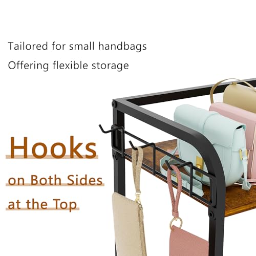 koozuuyk 4-Tier Purse Organizer for Closet with 3 Side Hooks and 2 Baskets, High Capacity Purse Rack Stand for Purse Storage, Metal & Wood Handbag Holder for Handbag Organizer, Pat - Image 5