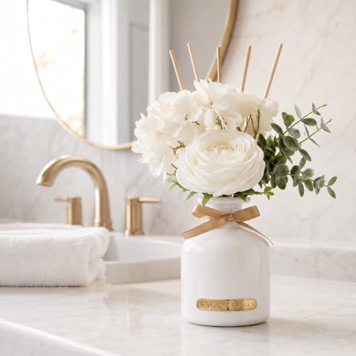 Cocorrína Clean Linen Flower Reed Diffuser Set, 6.7oz Home Fragrance with Sticks, Long Lasting Scented Diffuser for Bathroom, Bedroom, Living Room & Shelf Decor