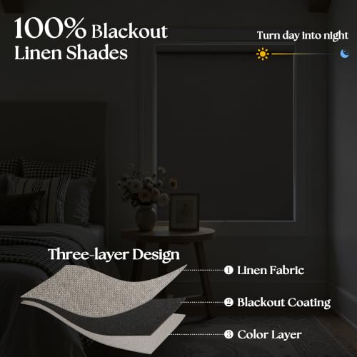 Black Out Shades Cordless Blinds for Bedroom Windows Free-Stop Thermal Insulated 100% Blackout Linen Roller Shades Blinds for Bedroom Living Dining Room, Greyish Beige Burlywood Bi