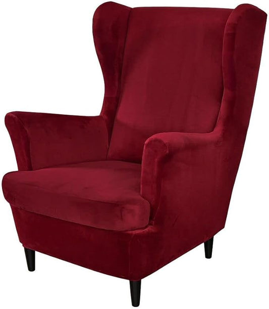 OBCREAT Wingback Chair Covers,2 Piece Stretch Velvet Wingback Chair Slipcover Soft Wing Chair Sofa Covers with Elastic Bottom,Armchair Couch Cover Furniture Protector for Living Room (Wine Red)