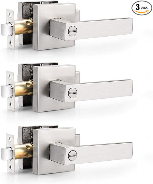 Probrico Heavy Duty Square Satin Nickel Privacy Door Levers, Interior Keyless Locks Bath/Bed Door Locksets, Reversible for Left/Right Handed Doors, 3 Pack