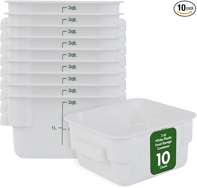 Restaurantware Food Storage Container 10 Pack of 2 qt Plastic Kitchen Storage Bin with Volume Markers Space-Efficient Design Dishwasher-Safe Polypropylene White