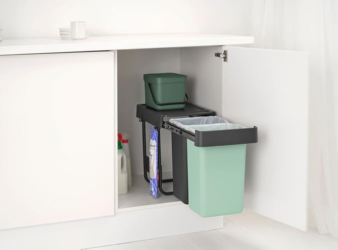 Brabantia Sort & Go Pull Out Trash Can | 2 x 4 Gal Built-in Under Kitchen Sink Cabinet Garbage Can | Integrated Double Sliding Recycling Unit, Smooth Rails, Removable Buckets | Gray & Green