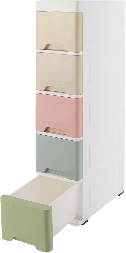 5-Tier Slim Bathroom Storage Cabinet with Wheels, Narrow Plastic Drawer Organizer Cart, Colorful Storage Cart for Bathroom, Kitchen, Laundry Small Spaces 7.09"x14.96"x32.68"