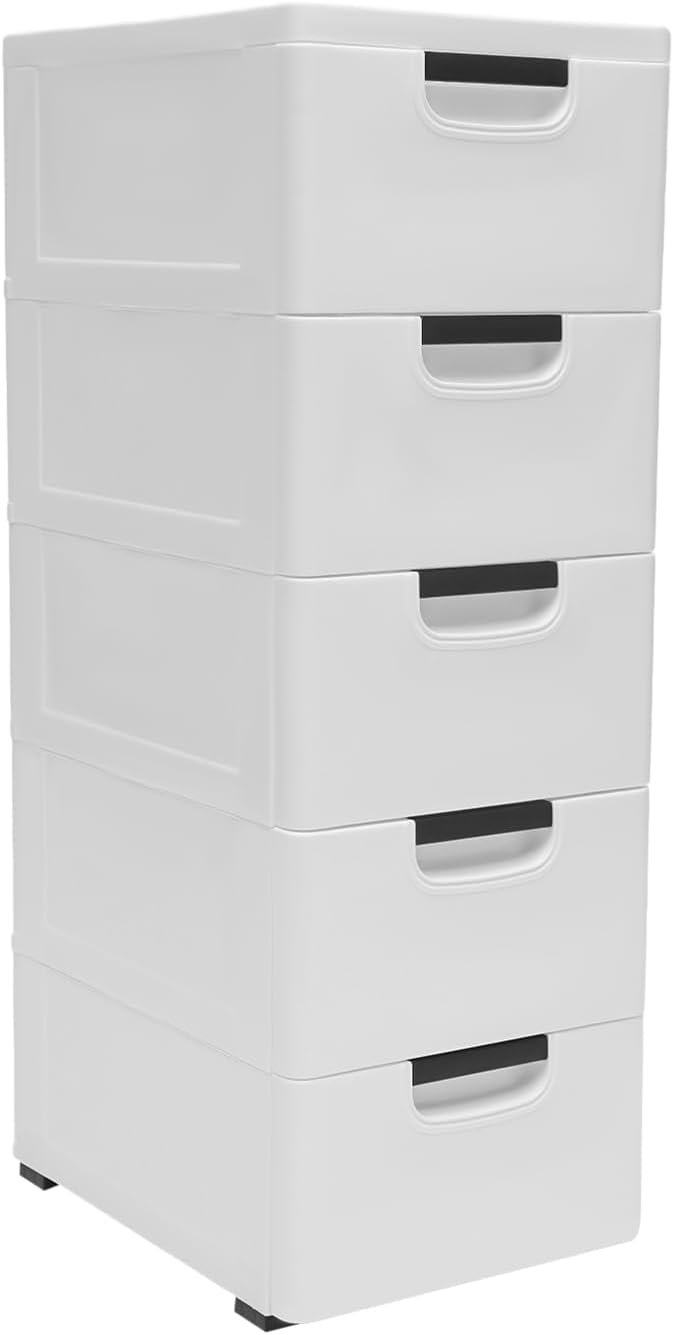 Plastic Drawers Dresser Storage Cabinet with Wheels,5 Drawer Stackable Vertical Clothes Storage Tower,Organizer Unit for Bathroom Entryway Bedroom Living Room,White