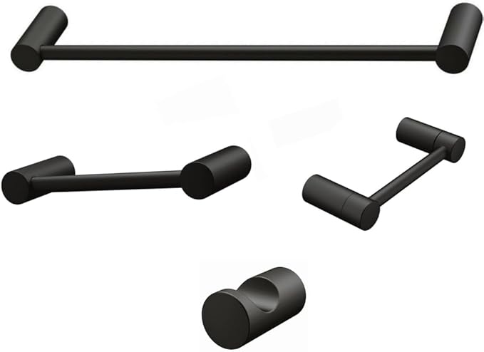 Contemporary Design 4-Piece Bathroom Hardware Accessory Set, Bathset 24 Inch Towel Bar, Hand Towel Bar, Toilet Paper Holder and Robe Hook, Rack Set Wall Mounted (Matte Black, 4 Piece Set)
