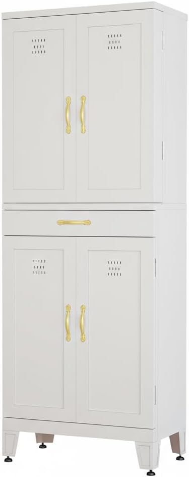 DWVO Metal Storage Cabinet, 71" Kitchen Pantry Cabinet with 4 Door & 4 Adjustable Shelves & Drawer & Door Rack, 6-Tier Tall White Steel Cabinets for Kitchen, Living Room, Dining Room