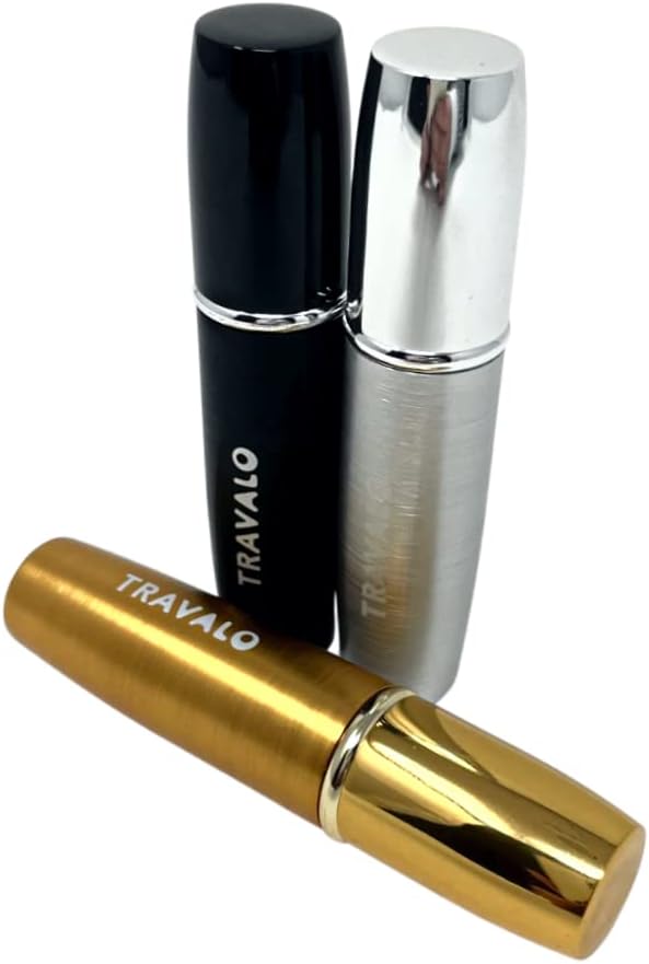 LUX Perfume Atomizer Bundle - Leak-Proof and TSA Approved for Air Travel - Reusable, Easy Fill Mini Pump Sprayer - Lightweight, Brushed Polished Metal - Gold, Black, Silver - 3 Pack