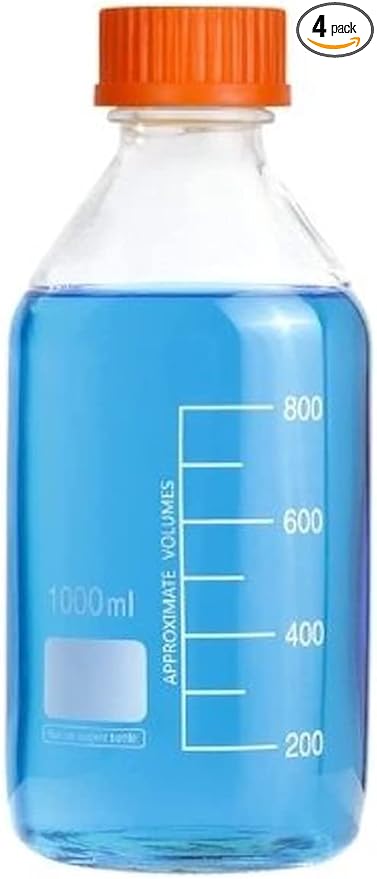 Lab Media Storage Round Bottles Graduated Glass Container GL45 Screw Cap Leakproof Multi-Purpose for Scientific — pack of 4 (Orange,1000ml)