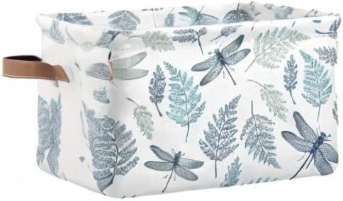 susiyo Large Foldable Storage Bin Fern Botanical Dragonfly Fabric Storage Baskets Collapsible Decorative Baskets Organizing Basket Bin with PU Handles for Shelves Home Closet Bedroom Living Room-1Pack